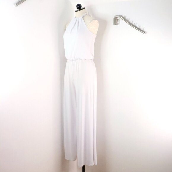 New Body Central Women's L Y2K White Stretch Wide Leg Halter Tie Neck Jumpsuit - Picture 3 of 12